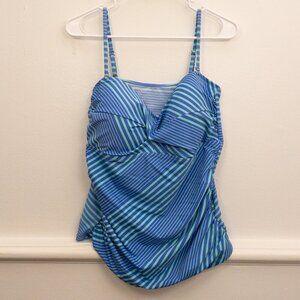 Catalina Blue Green Stripe Ruched Swim Tankini Top XL Adjustable Straps